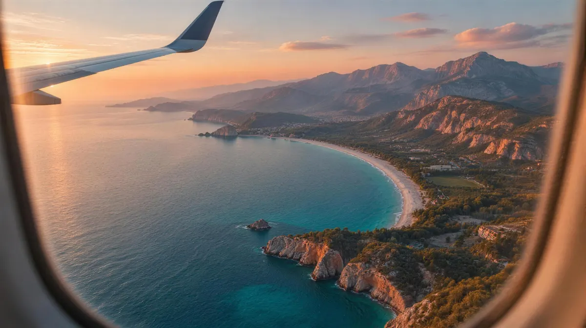 View of a coastline through an aeroplane window